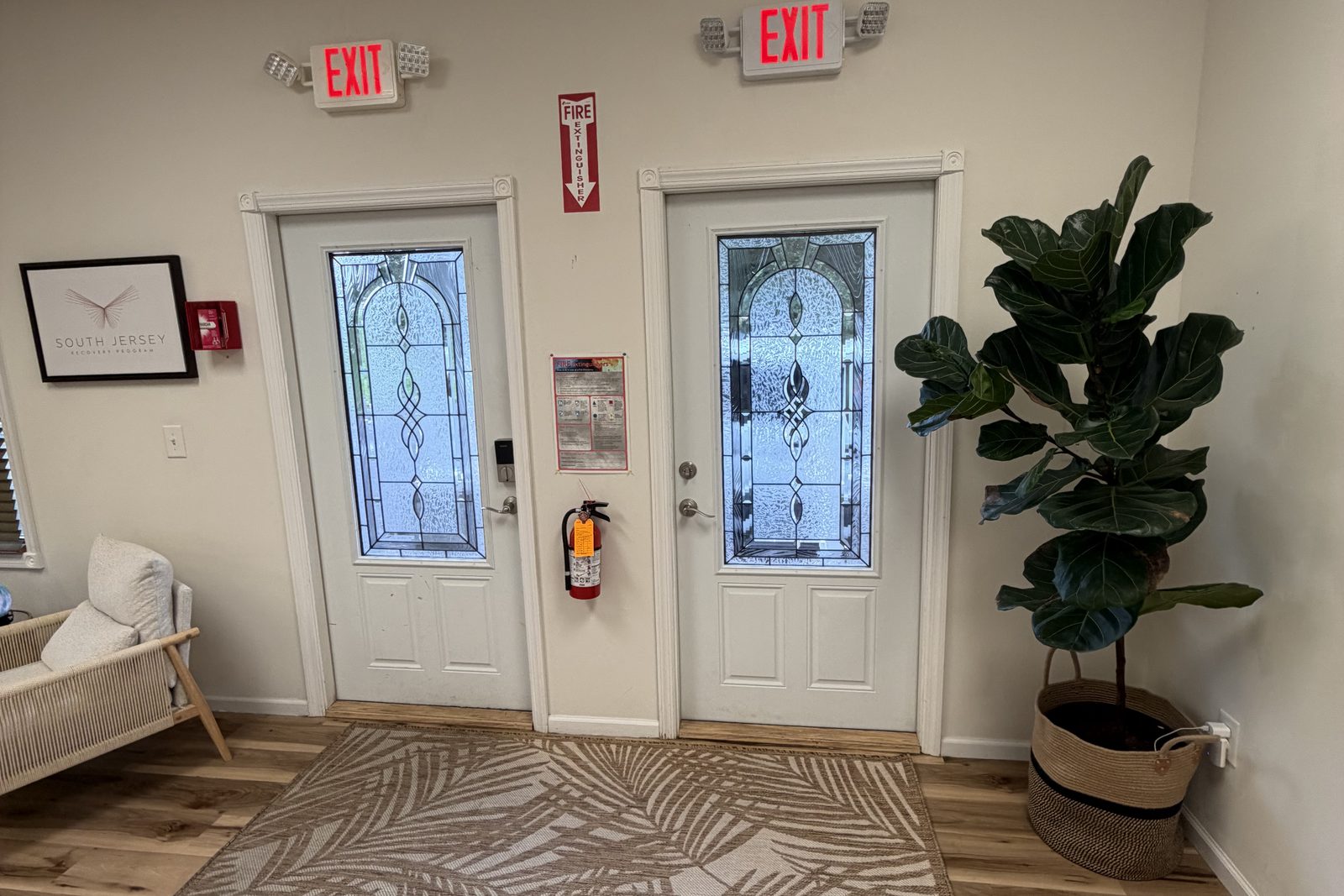 Lobby just inside the two front doors, with a rug and a potted plant